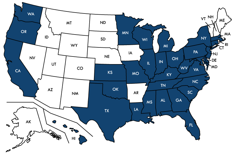 map of the usa with states AL, CA, CT, DC, DE, FL, GA, HI, IL, IN, KS, KY, LA, MA, MD, MI, MN, MO, MS, NC, NJ, NY, OH, OK, OR, PA, SC, TN, TX, VA, WA, WI, WV highlighted